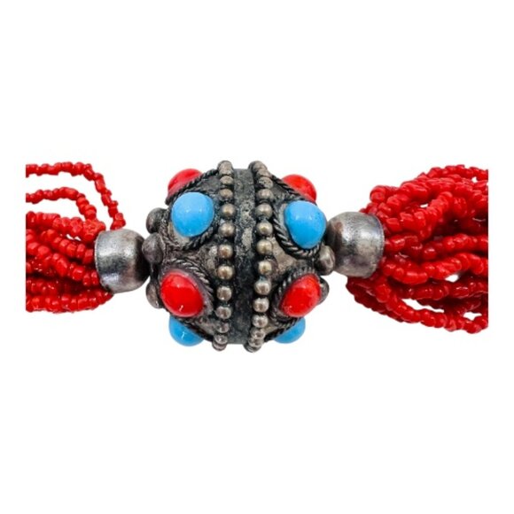 VTG Multi-strand Coral/ Turquoise Colored Statement Necklace with Tibetan Silver - Picture 4 of 6